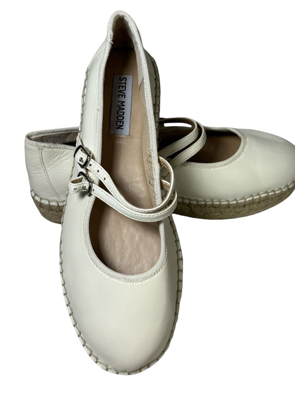 Steve Madden Brinn Mary Jane Espadrille Platform Flats White Leather Womens 9